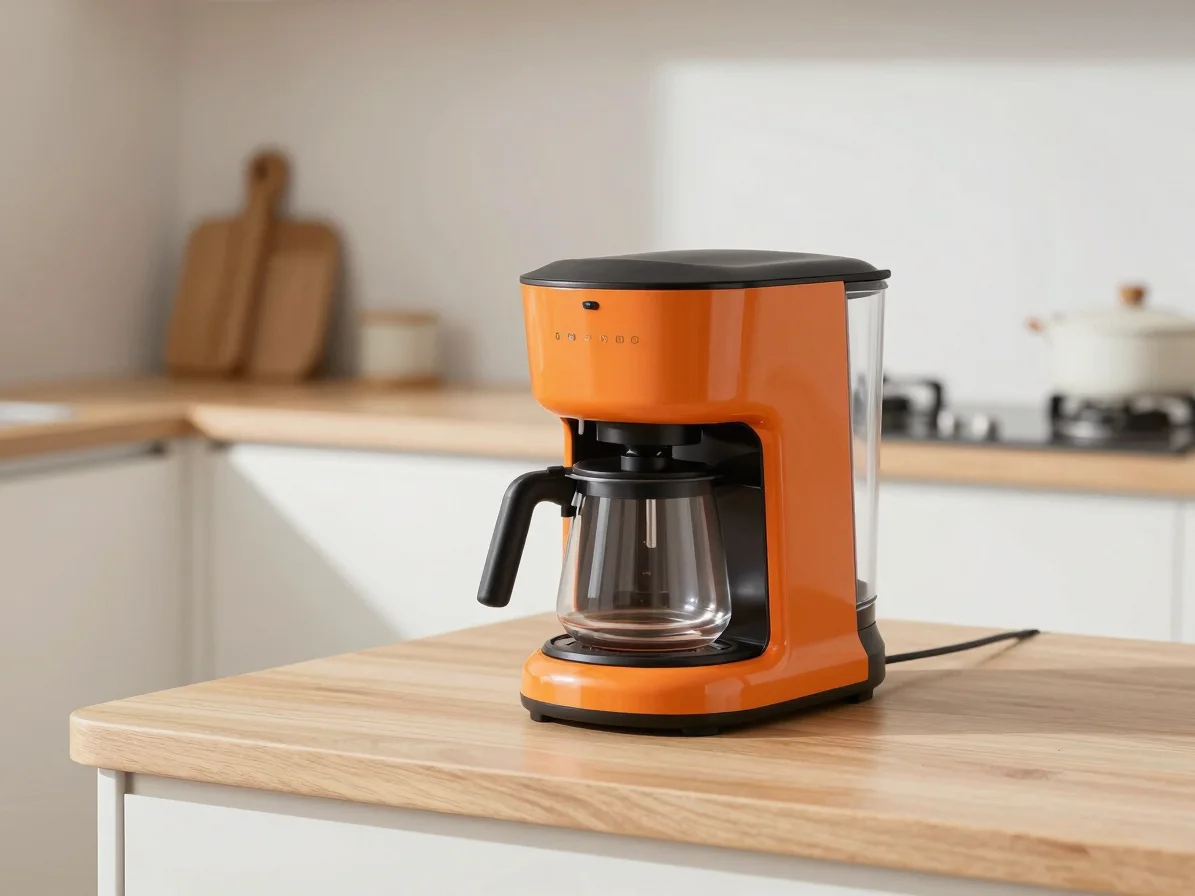 Stylish kitchen appliance (e.g., coffee maker) on a light wooden