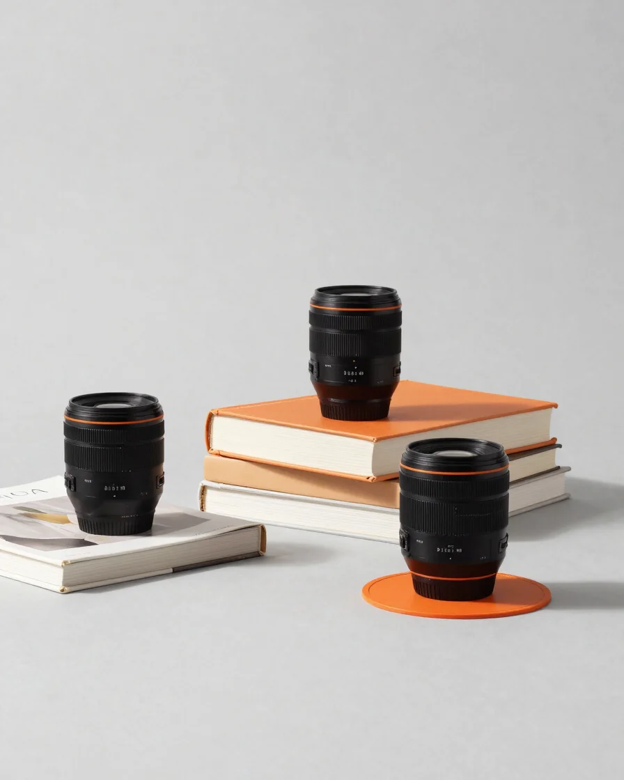 Editorial studio setup with books and technology products on a clean light gray surface, bright daylight, minimal neutra