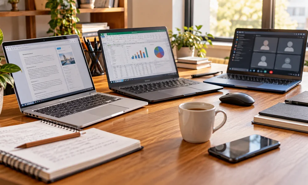Três notebooks em ambiente de trabalho com documentos e reuniões online